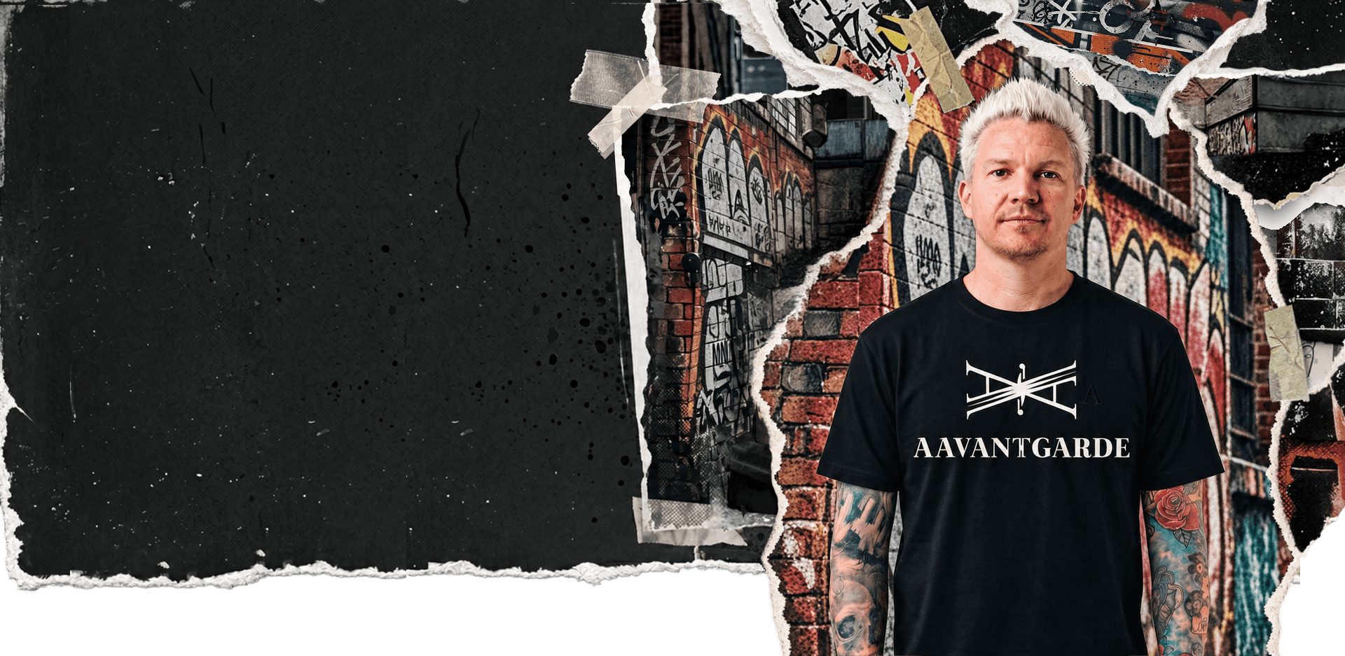 Aavantgarde streetwear collage med model i sort Aavantgarde T-shirt